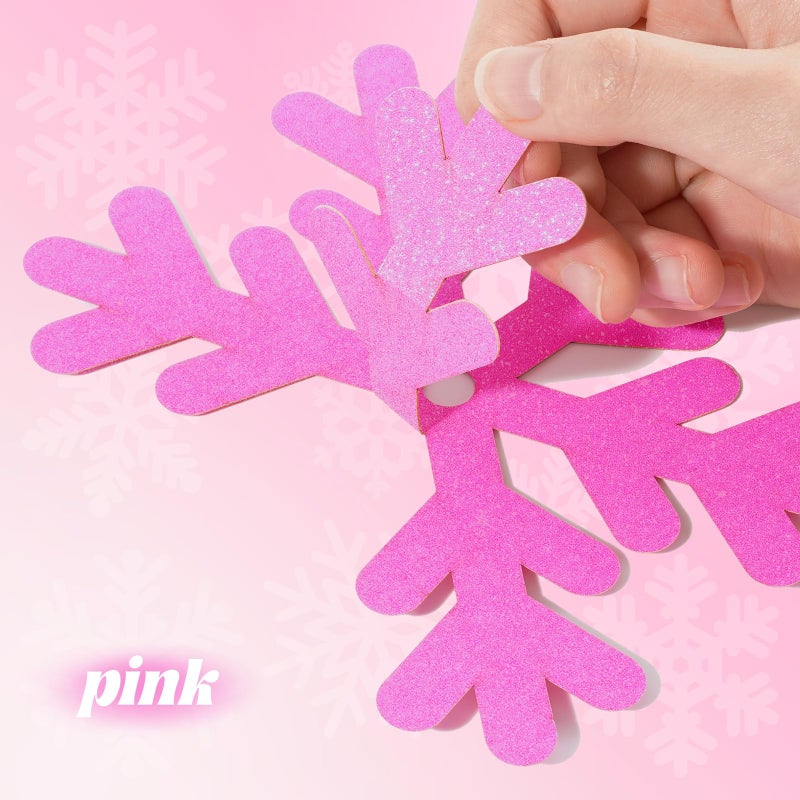 Whaline 48Pcs Christmas Paper Cut-Outs Double-Sided Glitter Pink Snowflake Cutouts with Glue Point for Xmas Winter Wonderland Frozen Party Home Decoration - Image 2